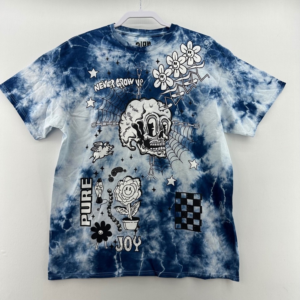 A-Lab Tie Dye Graphic T-Shirt Size L Blue Skull Flowers NWOT Streewear Skater